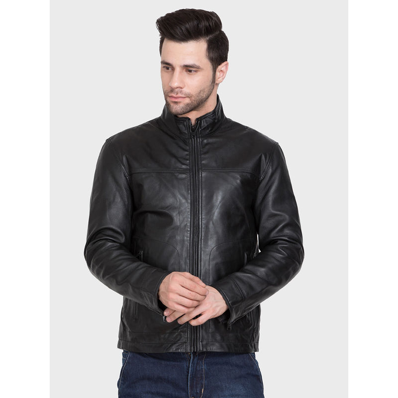 Justanned Jet Black High Neck Leather Jacket (M)