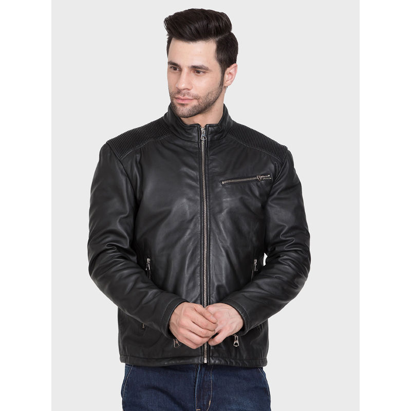 Justanned Black Solid Leather Jacket (2XL)