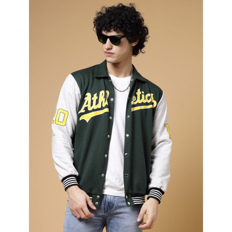 RIGO Men Bottle Green Oversized Printed Fleece Varsity Jacket (XL)