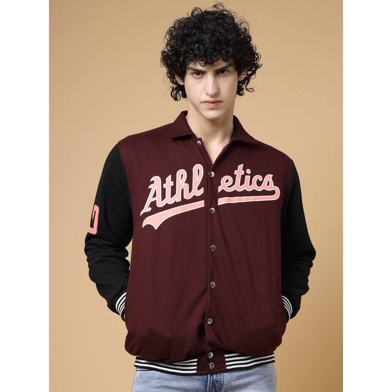 RIGO Men Wine Oversized Printed Fleece Varsity Jacket (2XL)
