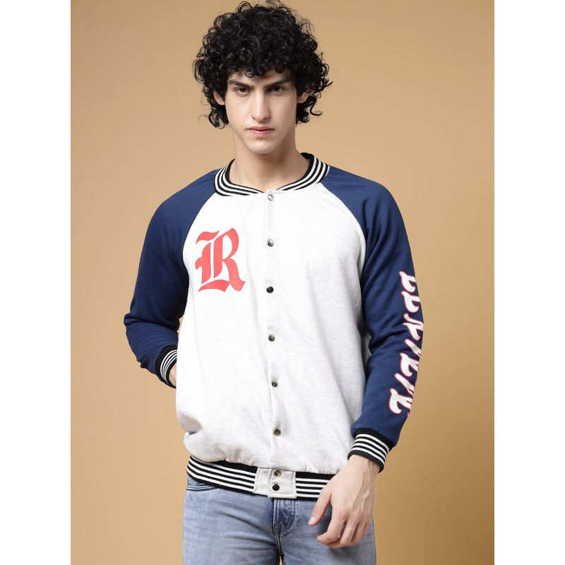 RIGO Men Acro melange Oversized Printed Fleece Varsity Jacket (XL)