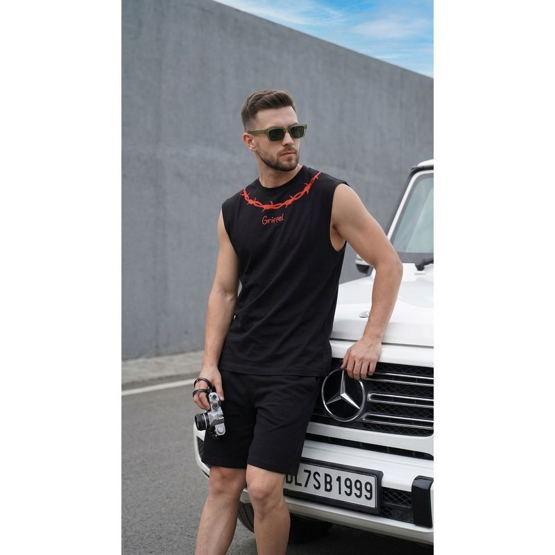 Griffel Black Graphic Cotton Regular Fit Tank Top (M)