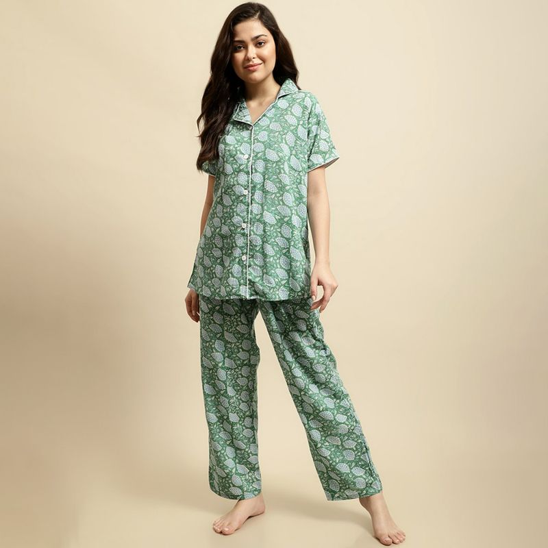 Secret Wish Womens Green & Blue Sanganeri Floral Print Night Suit (Set of 2) (S)