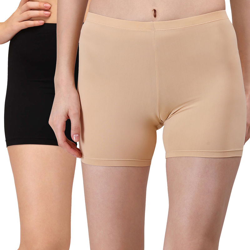 SOIE Mid Rise Soft Polyamide Spandex Mid Thigh Length Cycling Shorts-Pack of 2-Multi-Color (L)