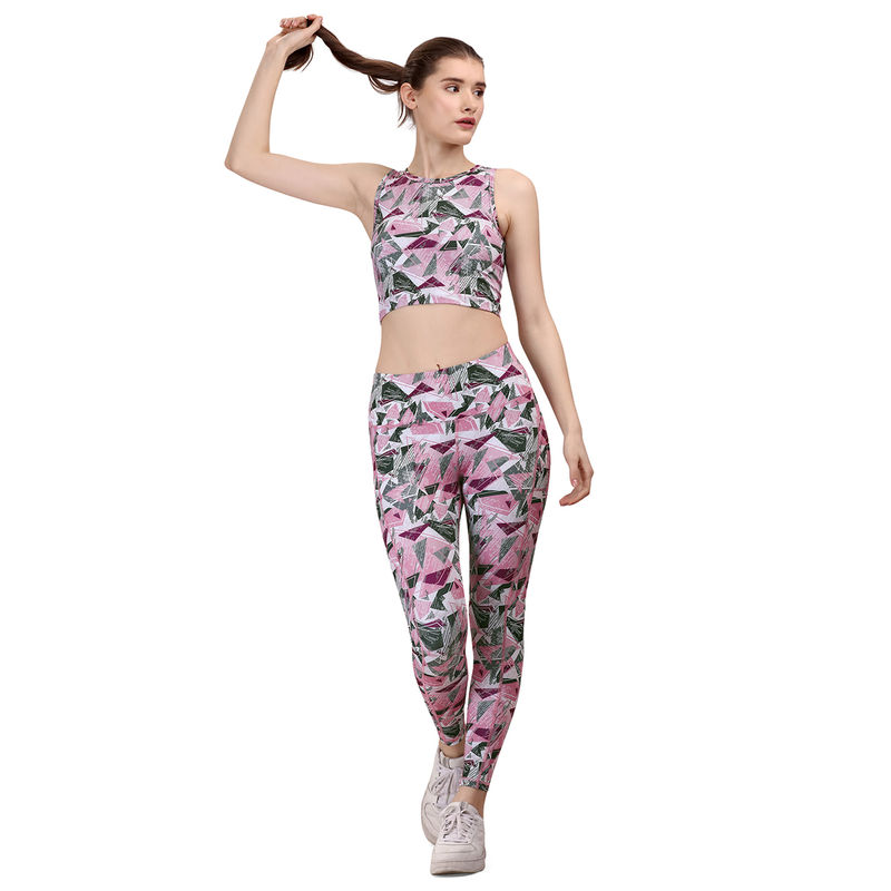 SOIE High Waist Printed Ankle Length Activewear Sports Tight & Crop Top Multi-Color (Set of 2) (L)