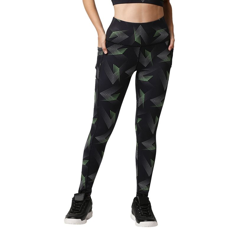 SOIE High Waist Ankle Length Quick Dry Printed Sports Leggings With Side Pockets-Multi-Color (M)