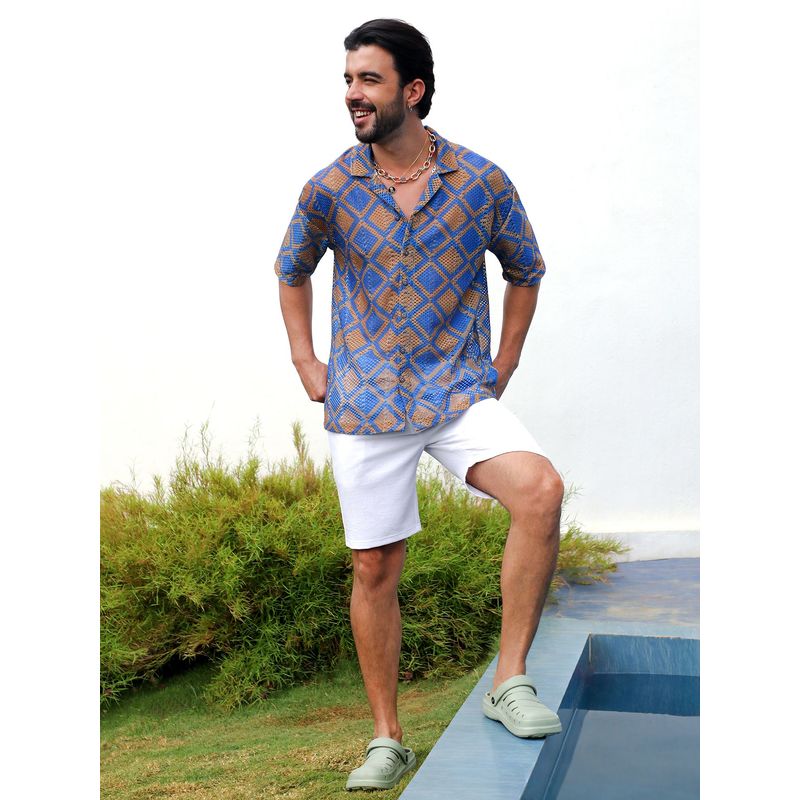 CAHOOT Men Royal Blue & Mocha Brown Geometric Block Oversized Shirt (S)