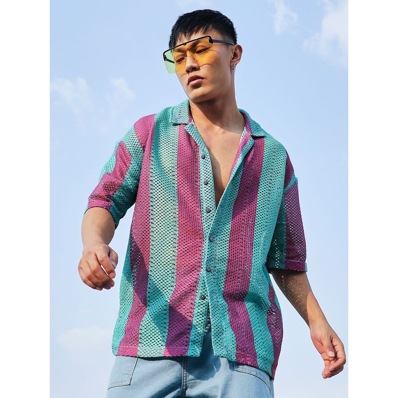 Campus Sutra Men Mint Green & Plum Purple Balanced Striped Oversized Shirt (L)