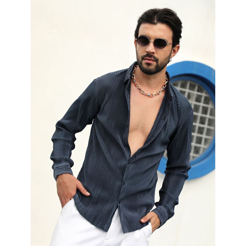 Campus Sutra Men Navy Blue Pleat-Creased Shirt (S)