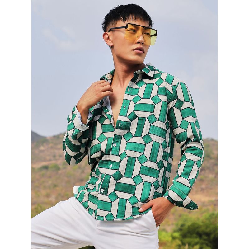 Campus Sutra Men Emerald Green & Ivory White Contrast Block Shirt (S)