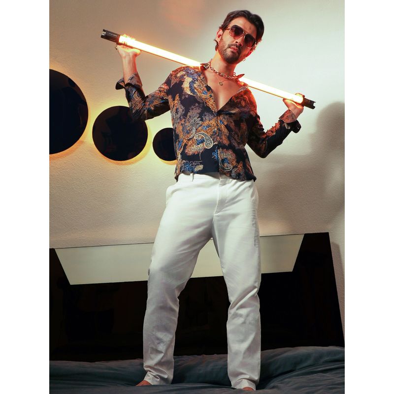 Campus Sutra Men Royal Blue & Midnight Black Paisley Flora Shirt (M)