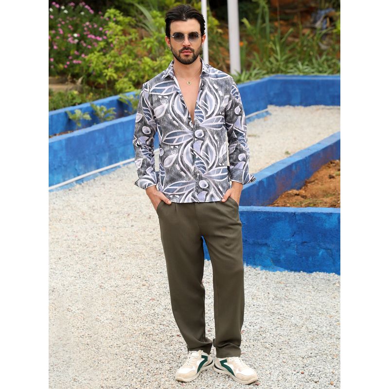 Campus Sutra Men Charcoal Grey & Prussian Blue Marble Foliage Shirt (S)