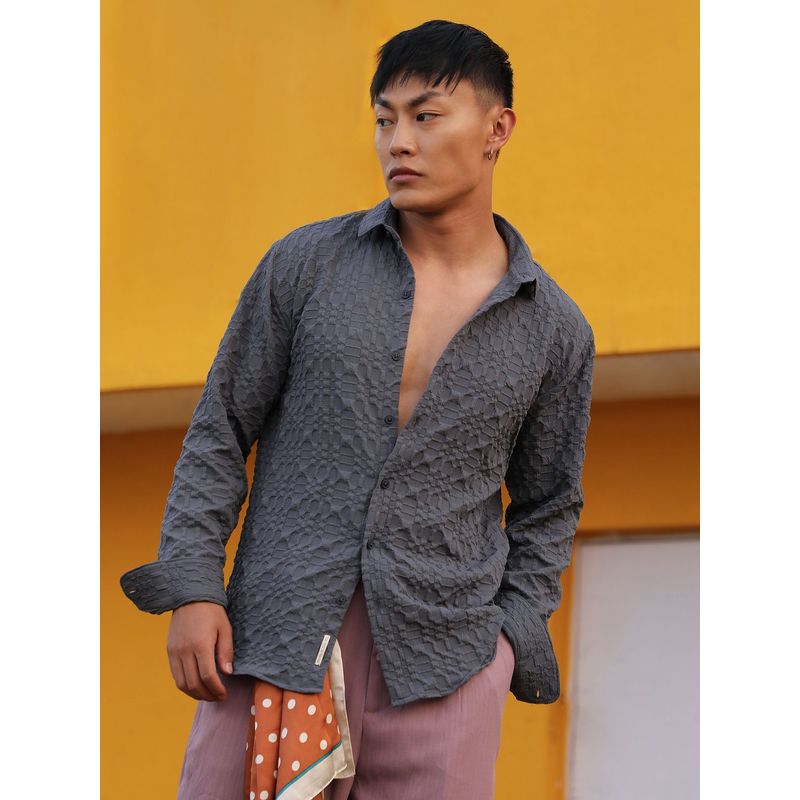 Campus Sutra Men Charcoal Grey Embossed Textured Shirt (S)