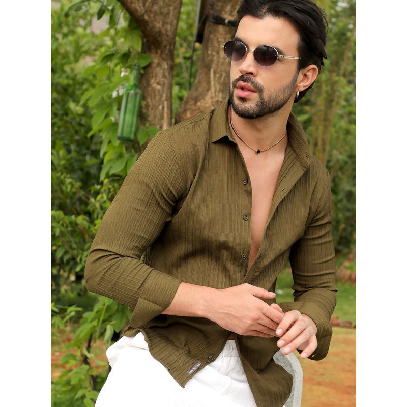 Campus Sutra Men Olive Green Self-Design Striped Shirt (S)