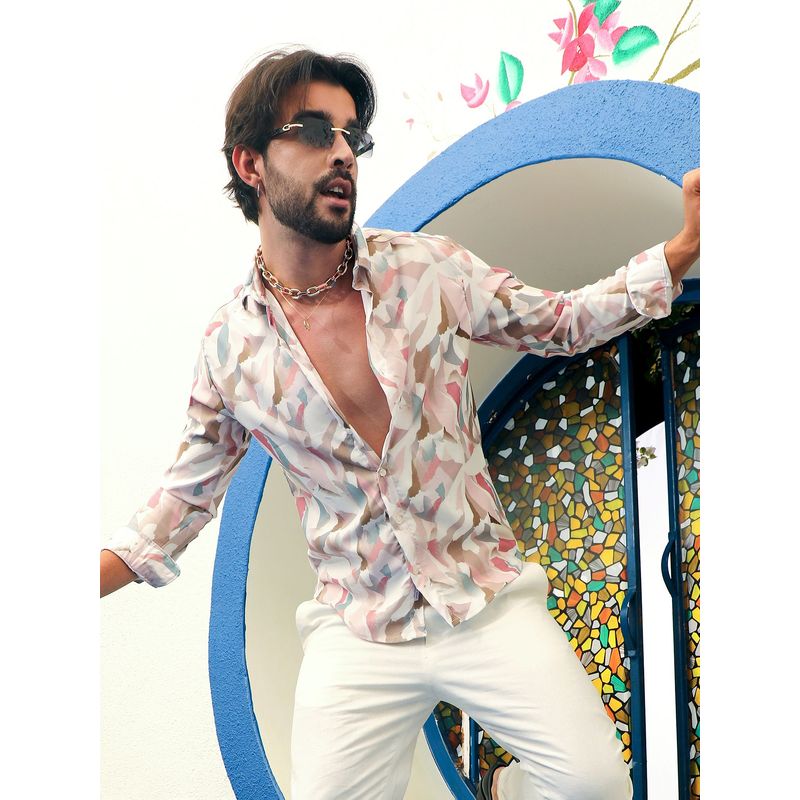 Campus Sutra Men Nude Pink & Ivory White Petal Block Shirt (M)