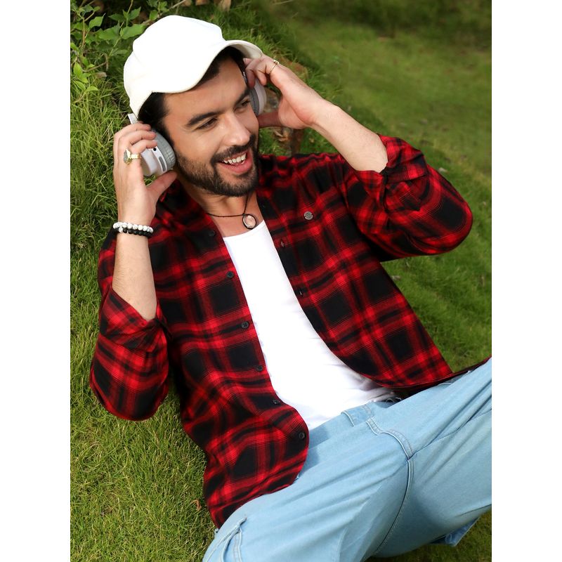 Campus Sutra Men Midnight Black & Scarlet Red Brushed Buffalo Check Shirt (M)