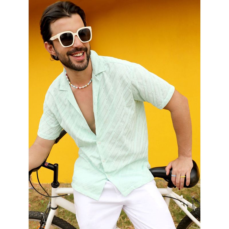 Campus Sutra Men Mint Green Embroidered Striped Shirt (S)