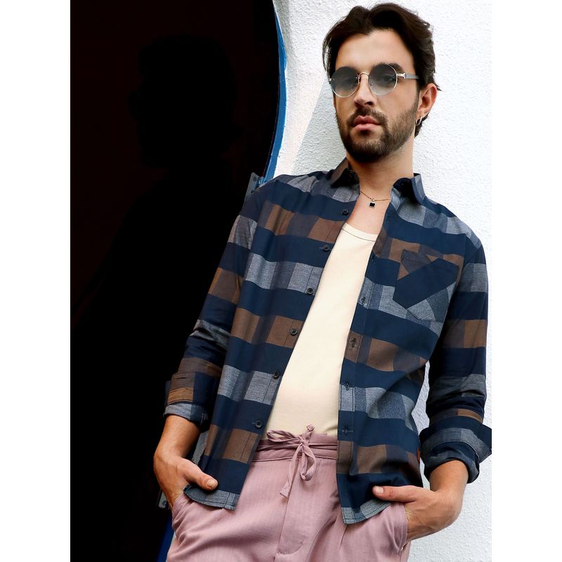 Campus Sutra Men Grey & Olive Green Gun Club Check Shirt (L)