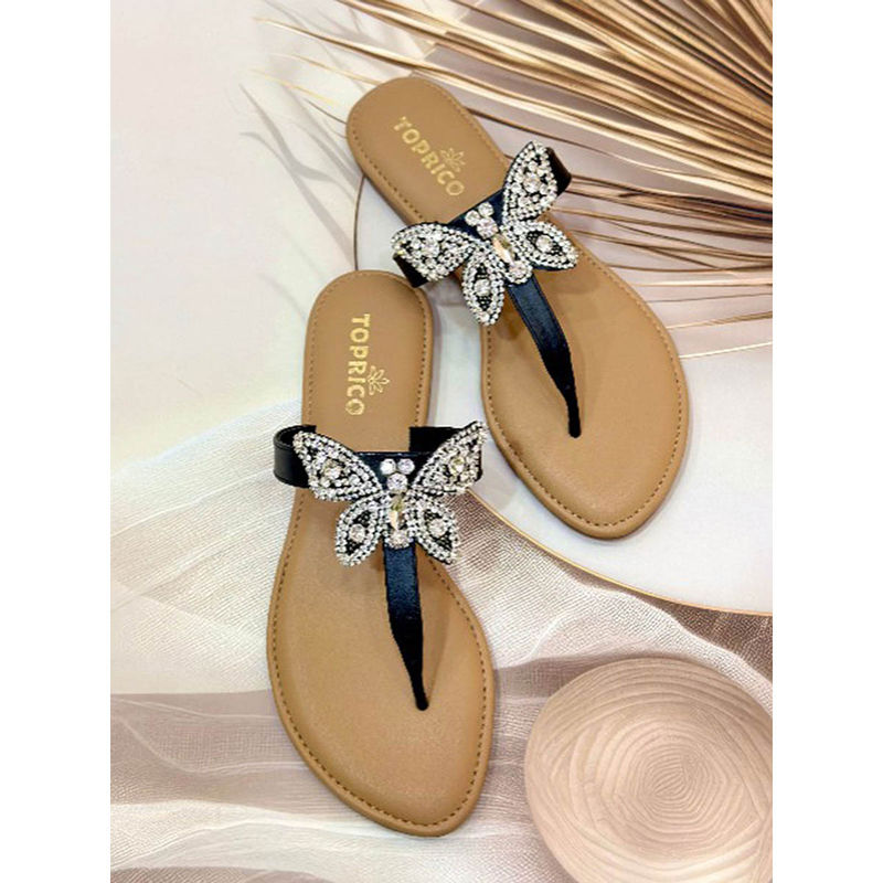 Toprico T-Strap Beads Embroidered Tan Butterfly Flat (EURO 42)