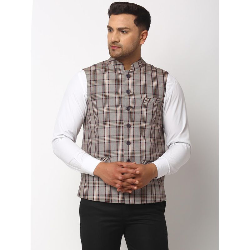 NEUDIS Check Wool Nehru Jacket- Brown (38)