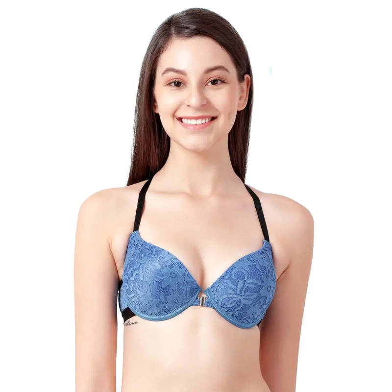 Shyaway Susie Demi-Coverage Under wired Front Open Pushup Padded Bra - Blue (32D)