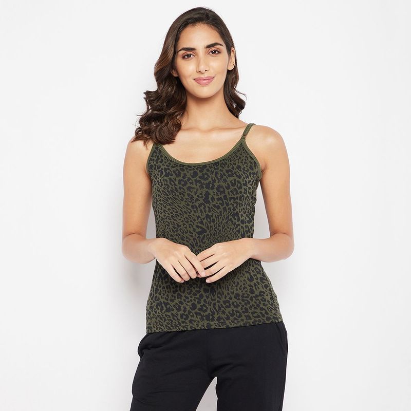 Clovia Animal Print Camisole In Olive Green - Cotton (M)