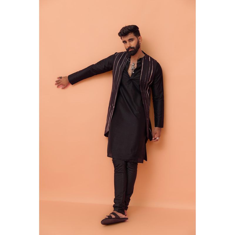 KISAH Men Black Printed Kurta with Jacket & Churidar (Set of 3) (40)