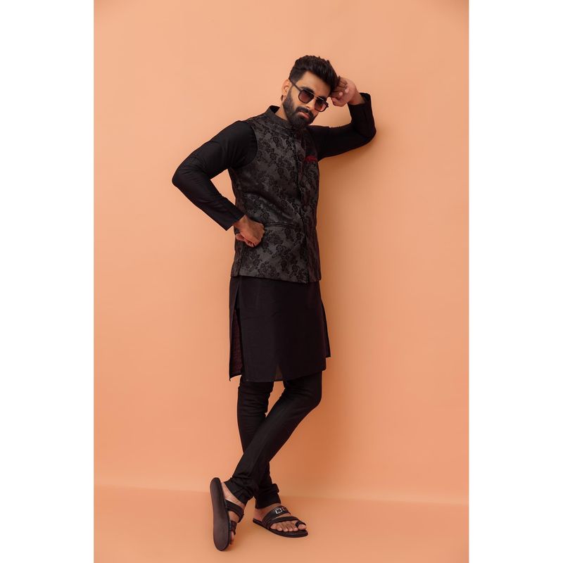KISAH Men Black Self Design Kurta with Jacket & Churidar (Set of 3) (38)