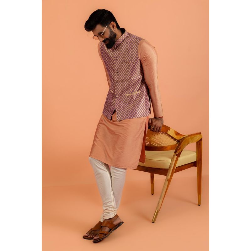 KISAH Men Purple Self Design Kurta with Jacket & Churidar (Set of 3) (38)