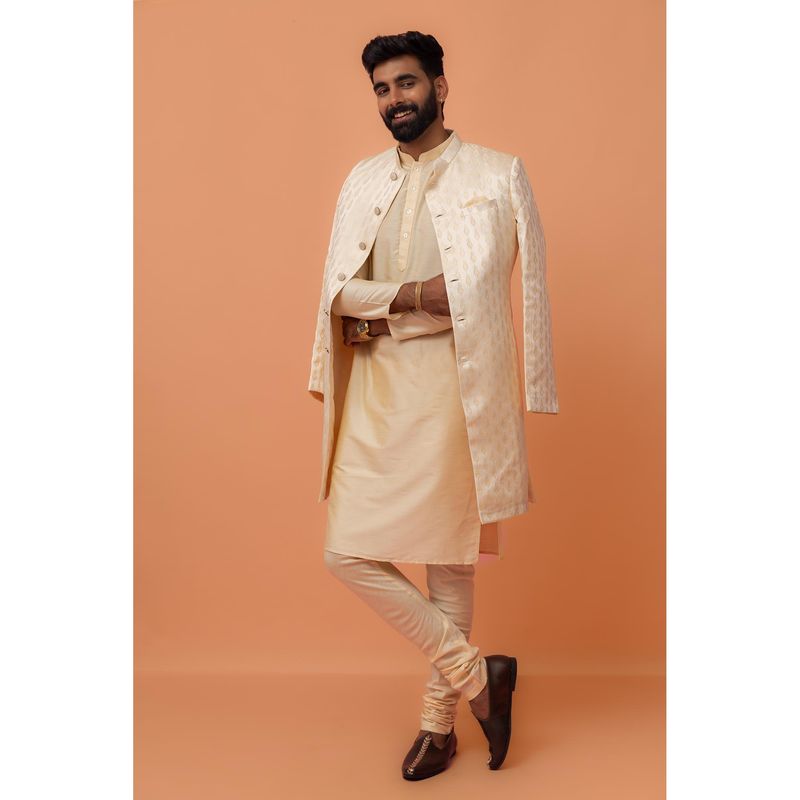 KISAH Men Cream Self Design Kurta with Sherwani & Churidar (Set of 3) (42)