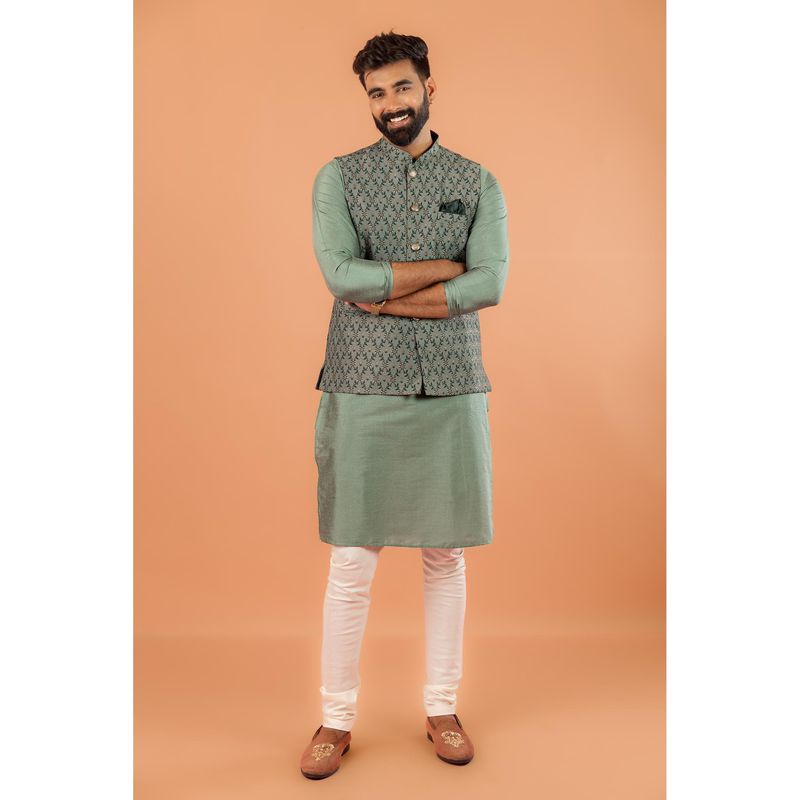KISAH Men Green Self Design Kurta with Jacket & Churidar (Set of 3) (38)