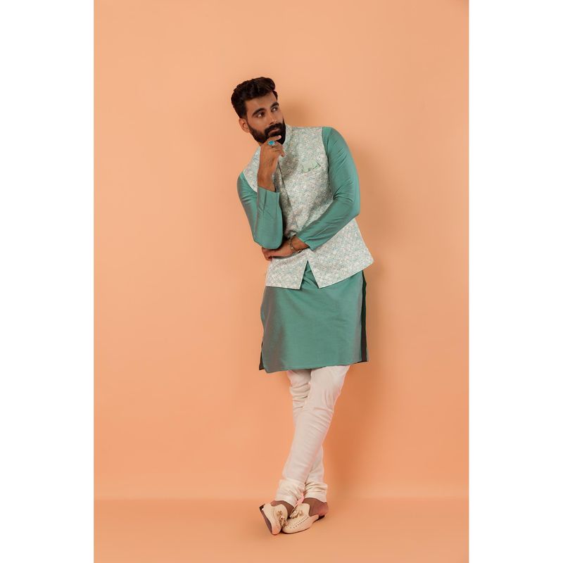 KISAH Men Green Embroidered Kurta with Jacket & Churidar (Set of 3) (38)