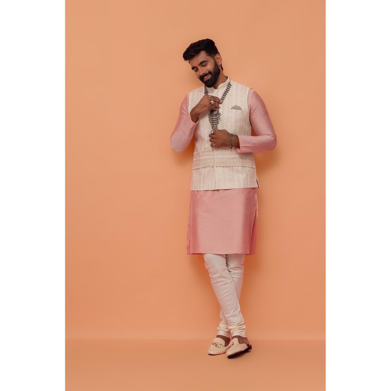 KISAH Men Beige Printed Kurta with Jacket & Churidar (Set of 3) (44)
