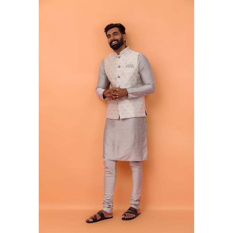 KISAH Men Grey Self Design Kurta with Jacket & Churidar (Set of 3) (38)