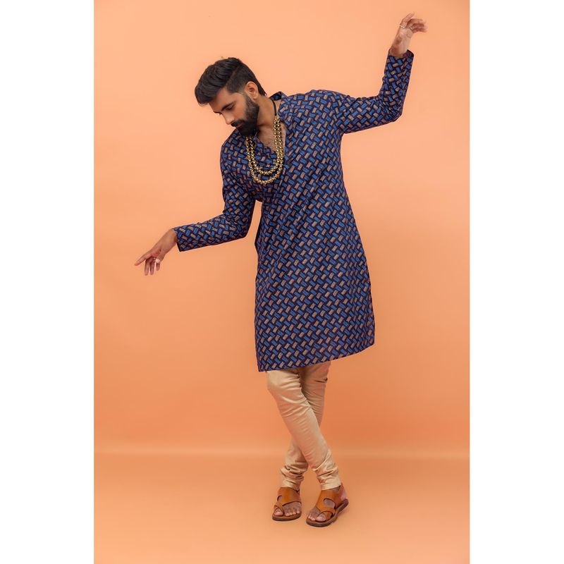 KISAH Men Navy Blue Printed Kurta & Churidar (Set of 2) (38)