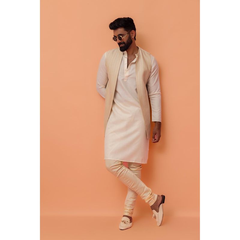 KISAH Men Beige Self Design Kurta with Jacket & Churidar (Set of 3) (38)
