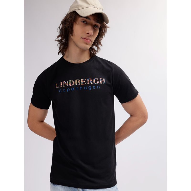 LINDBERGH Men Black Solid Round Neck Short Sleeves T-Shirt (M)