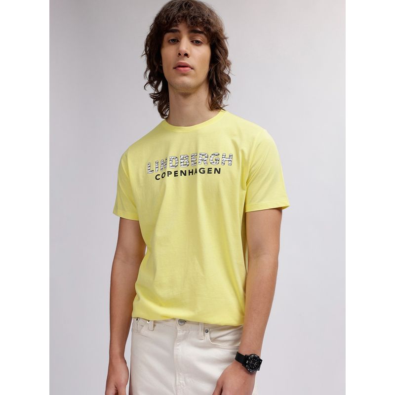 LINDBERGH Men Yellow Solid Round Neck Short Sleeves T-Shirt (S)