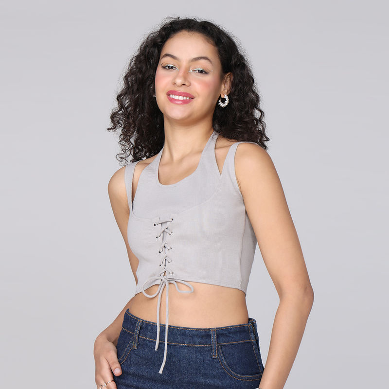 MIXT by Nykaa Fashion Grey Halter Neck Tie Up Ribbed Cropped Tank Top (L)