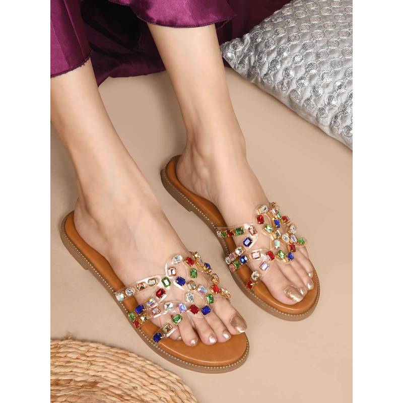 Jove Women Multi-Color Embellished Open Toe Flats (EURO 36)