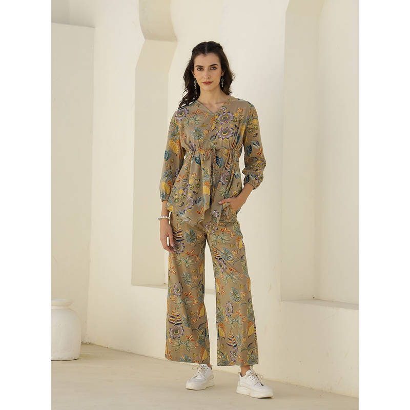 SANSKRUTIHOMES Women Beige Printed Night Suit (Set of 2) (S)