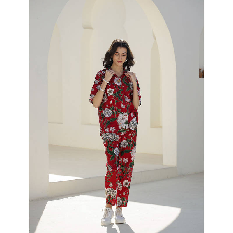 SANSKRUTIHOMES Women Red Printed Night Suit (Set of 2) (S)