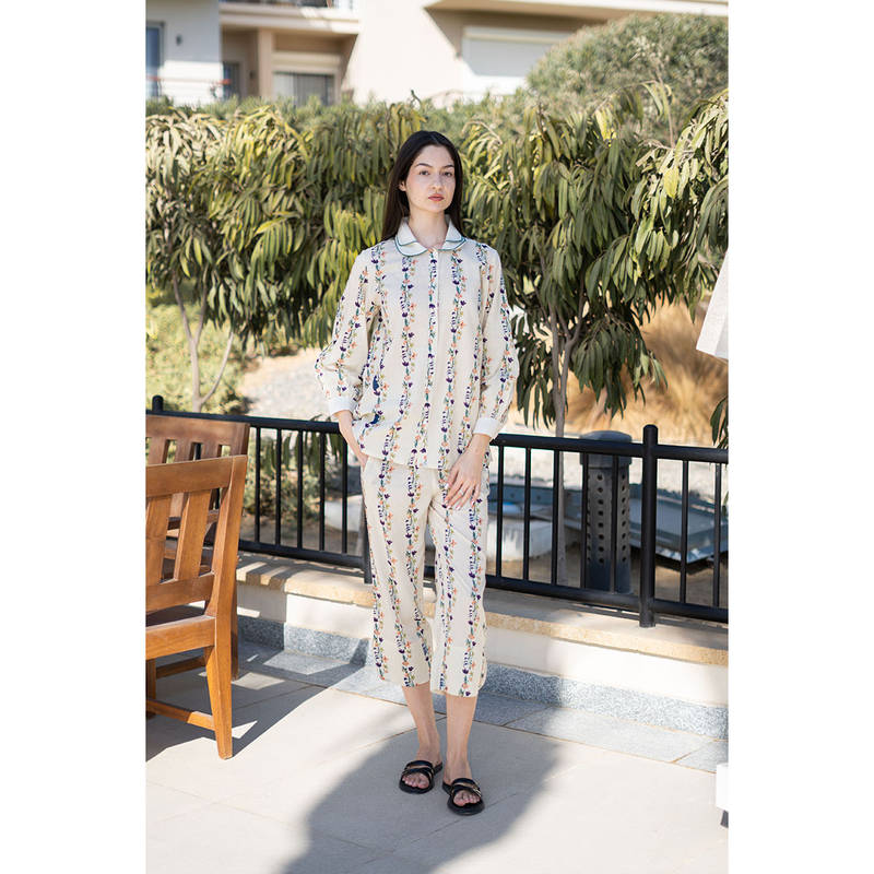 SANSKRUTIHOMES Women Cream Printed Night Suit (Set of 2) (XS)