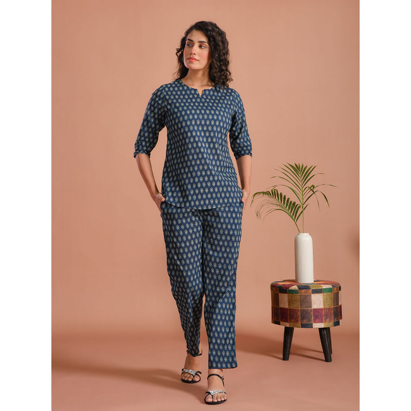 SAY Women Blue Printed Night Suit (Set of 2) (M)