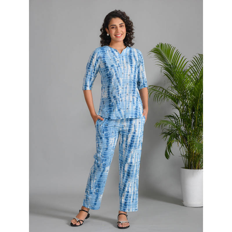 SANSKRUTIHOMES Women Blue Printed Night Suit (Set of 2) (L)