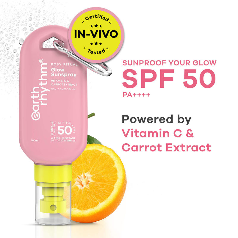 Earth Rhythm Rosy Ritual Glow Sunspray SPF 50 PA ++++ Vitamin C & Carrot Extract, In Vivo Tested