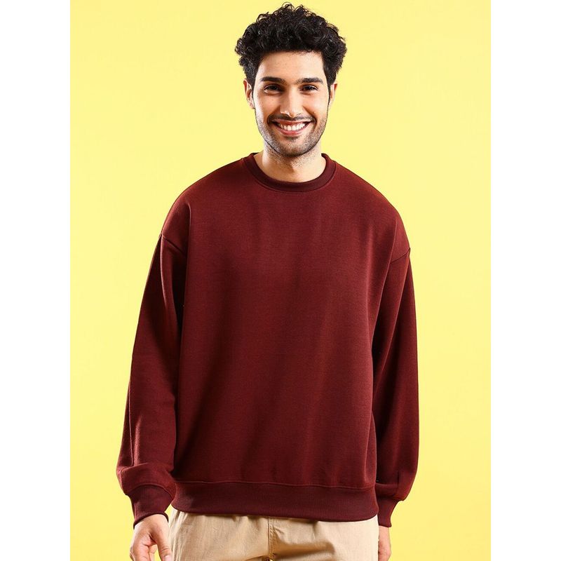 The Indian Garage Co Men Oversized Fit Solid Crew Neck Brown Sweatshirt (S)