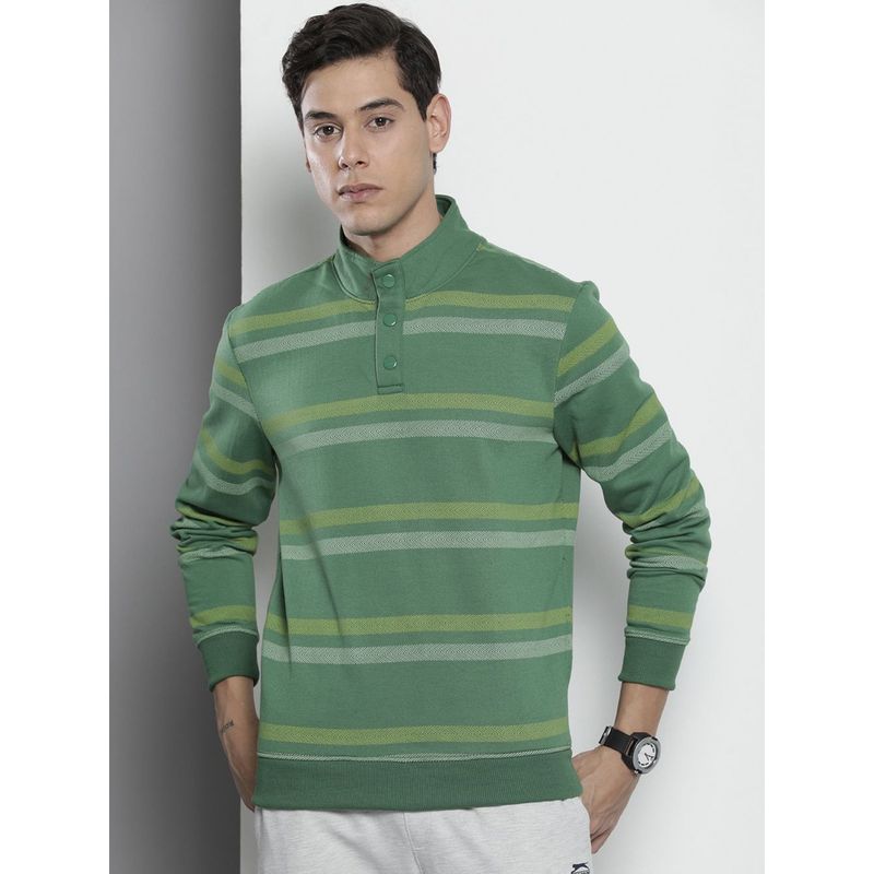 The Indian Garage Co Men Regular Fit Stripes High Neck Green Sweatshirt (S)