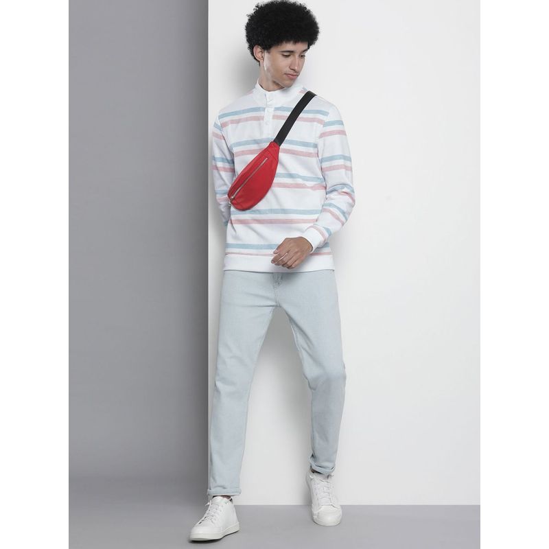 The Indian Garage Co Men Regular Fit Stripes High Neck White Sweatshirt (M)