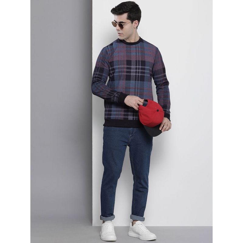 The Indian Garage Co Men Regular Fit Checks Crew Neck Navy Blue Sweatshirt (S)